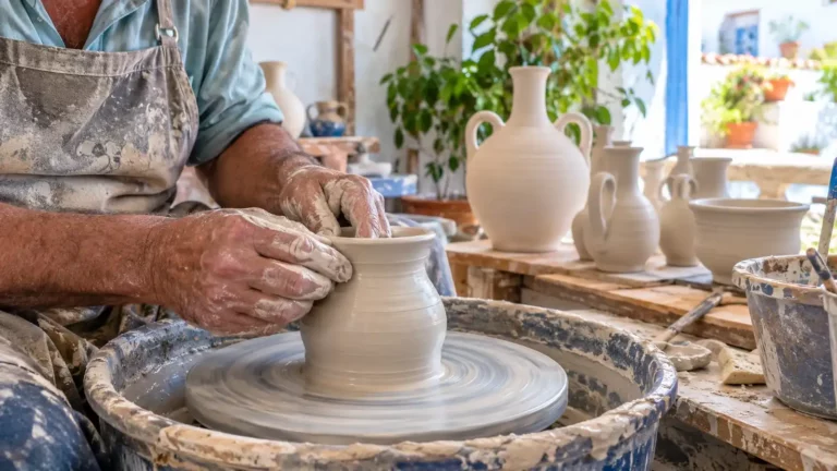 Un potier travaille au tour, illustration de la poterie à Agost